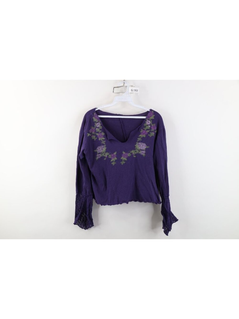 Vtg 90s Y2K Babydoll Womens L Gauzy Thermal Lace Sleeve Ruffled Cropped T-Shirt